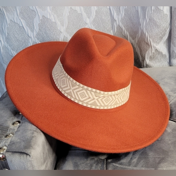 Fedora Hat | Wide Brim | Rust | Aztec Accents - Picture 2 of 3